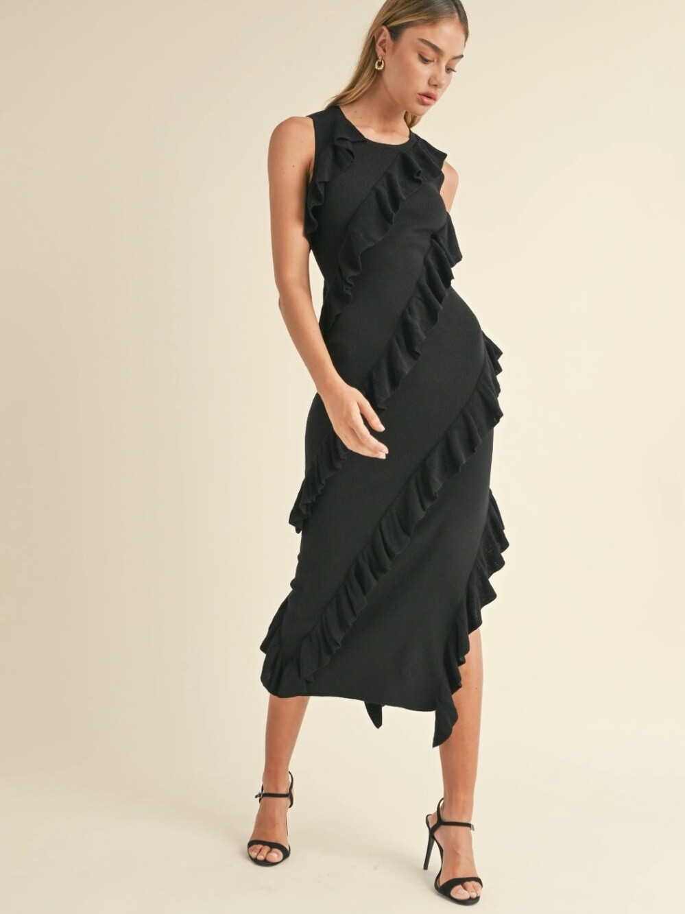 Mable Black Knit Maxi Dress Bodycon Ruffled Side Slit Asymmetric Sleeveless Sz S